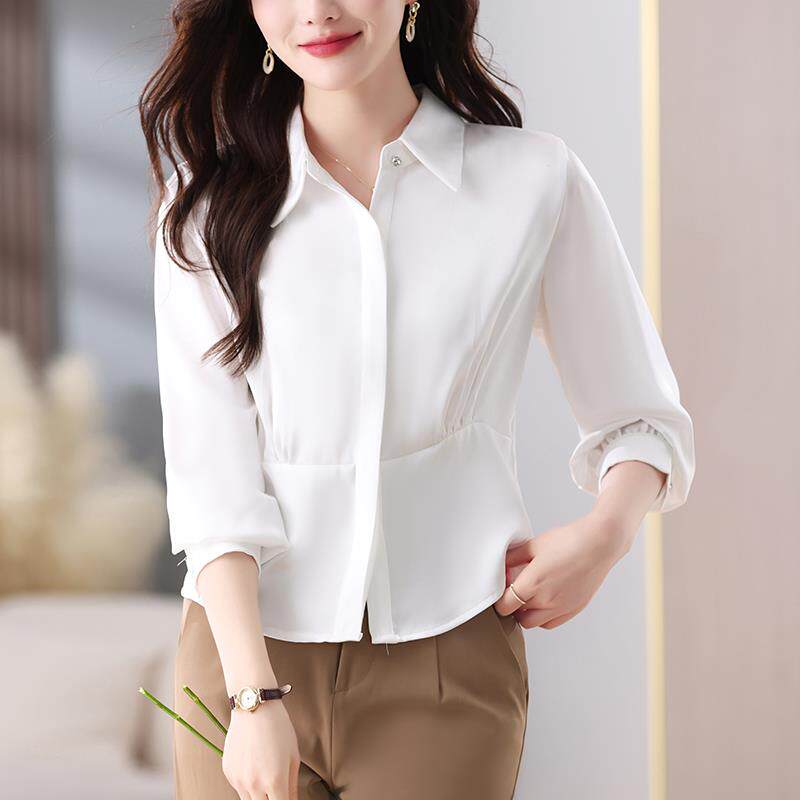 BLLOUKE妈妈白色polo领长袖衬衫女士春秋2025新款春装纯色百搭衬