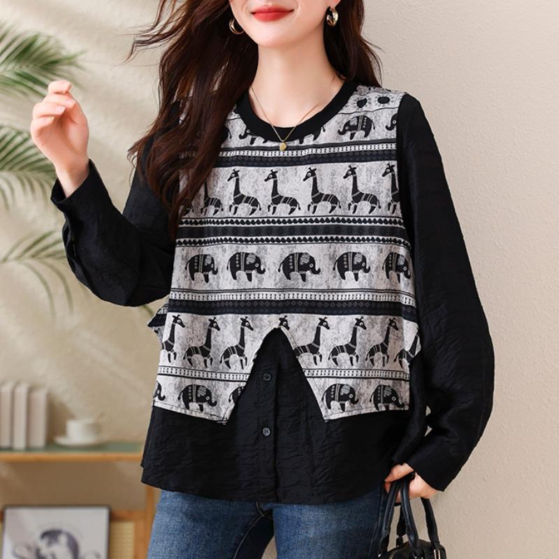 JOYIASS假两件圆领动物印花衬衫女2025秋季新款宽松休闲百搭上衣