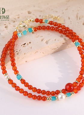 新中式红玛瑙双圈串珠手链女小众感原创设计珍珠国风首饰手串