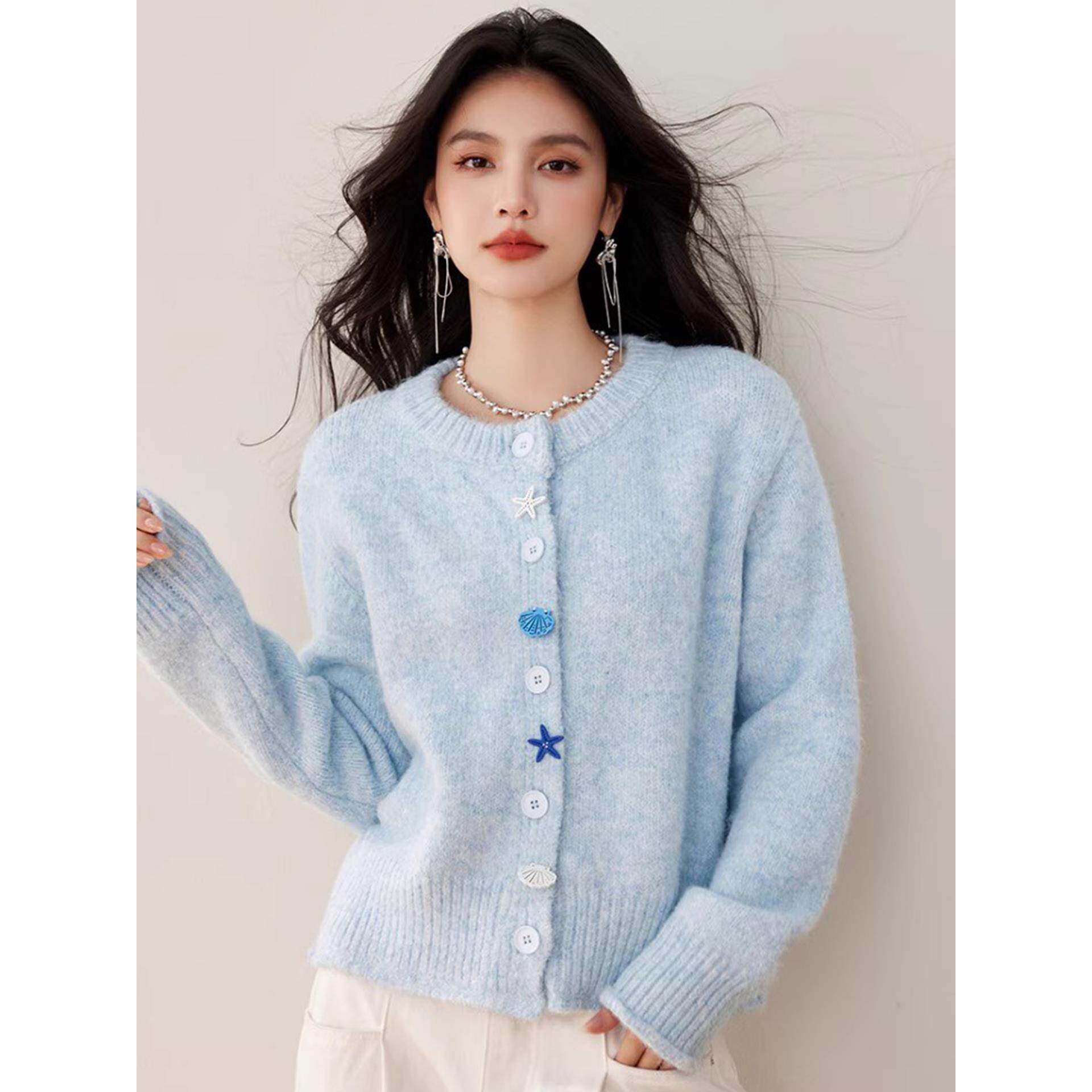 JOYIASS蓝色针织开衫上衣女士秋冬巨好看的洋气时尚宽松软糯短款