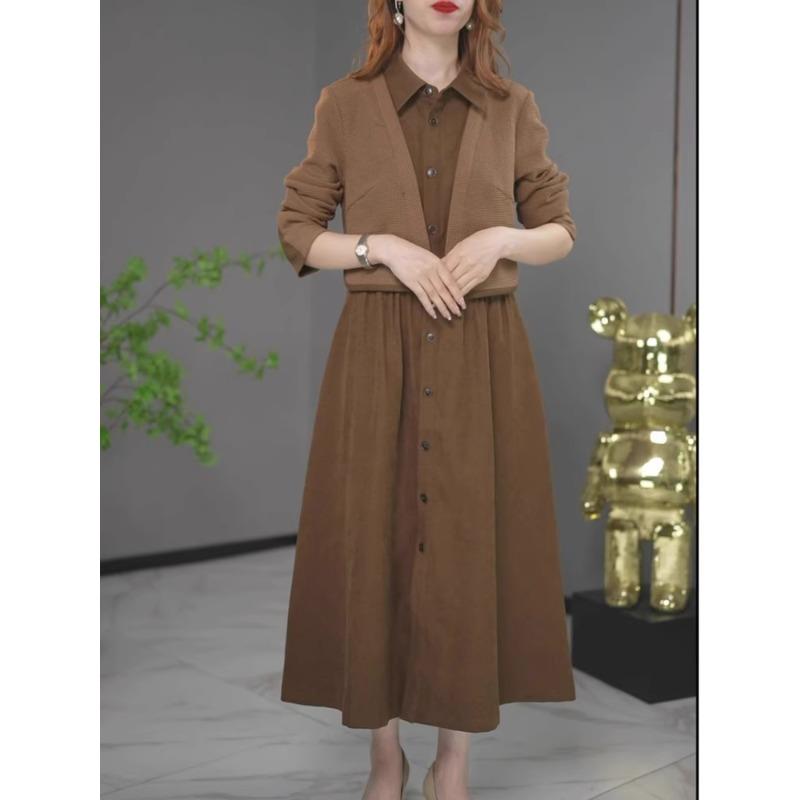 JOYIASS针织拼接假两件长袖洋装春秋2025新款中年妈妈宽松气质中