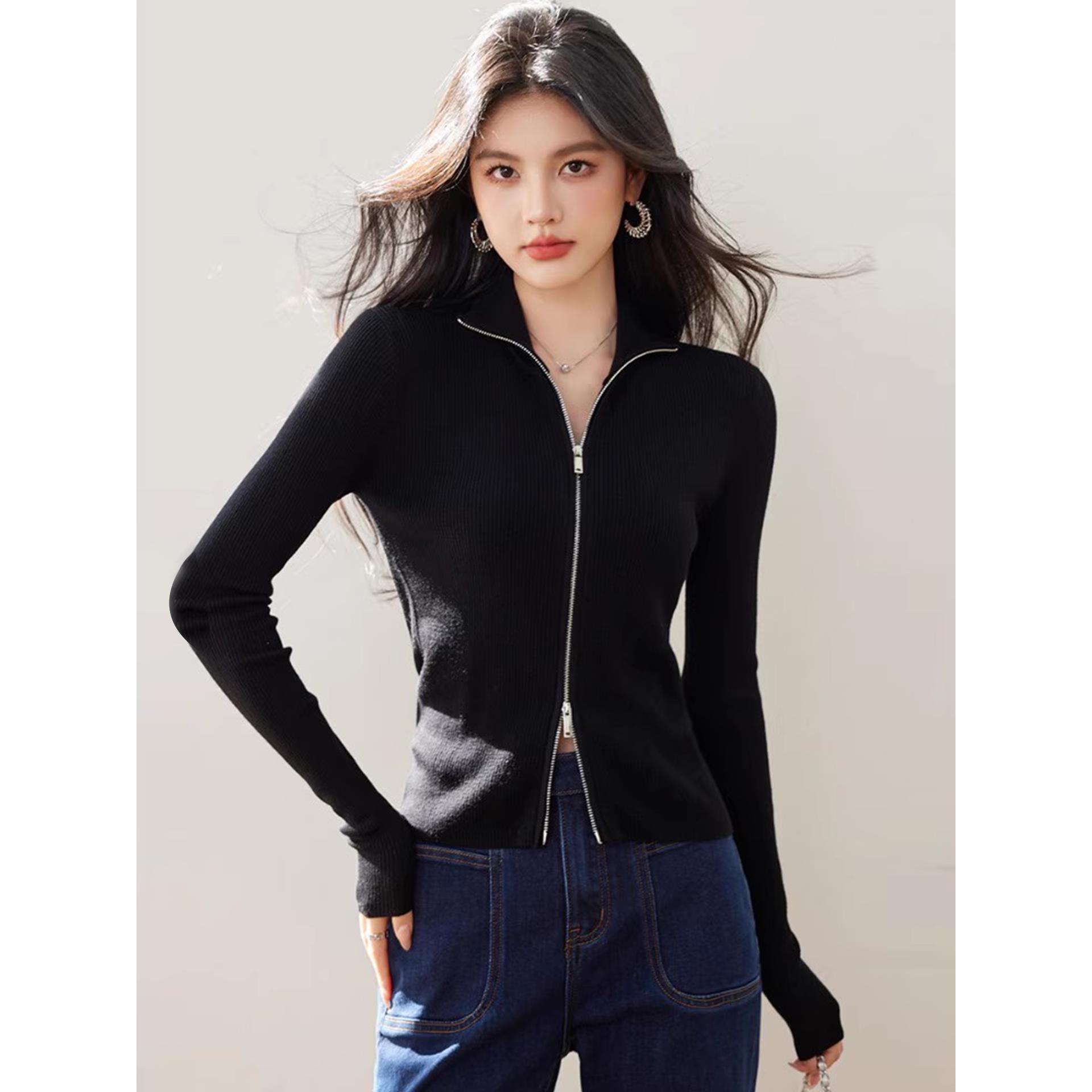 JOYIASS黑色针织开衫毛衣外套女士秋冬巨好看的独特漂亮洋气时尚