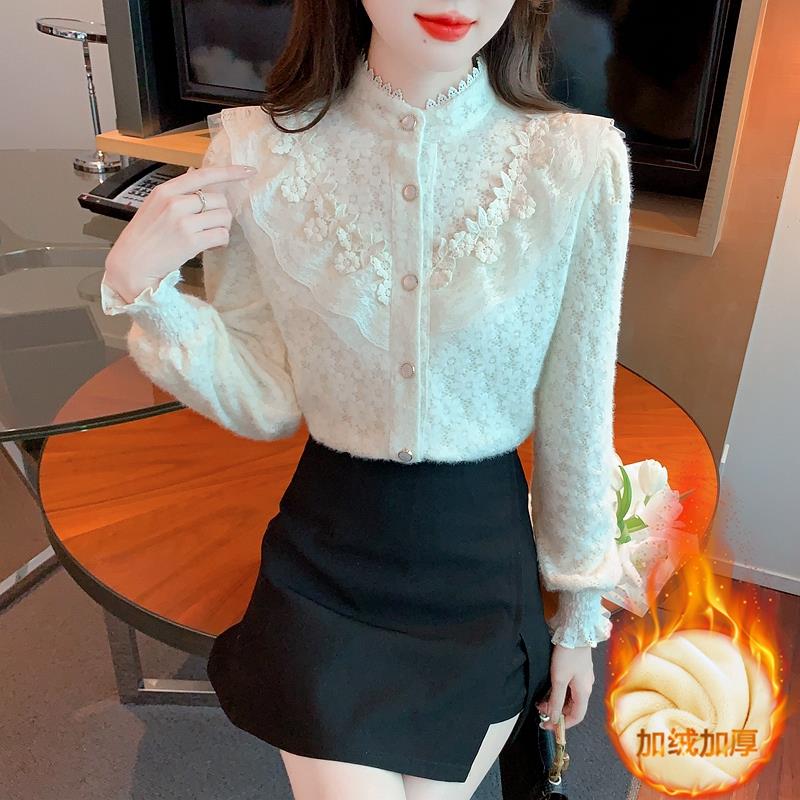 JOYIASS加绒加厚蕾丝衬衫女士秋冬巨好看的高级感独特绝美内搭打