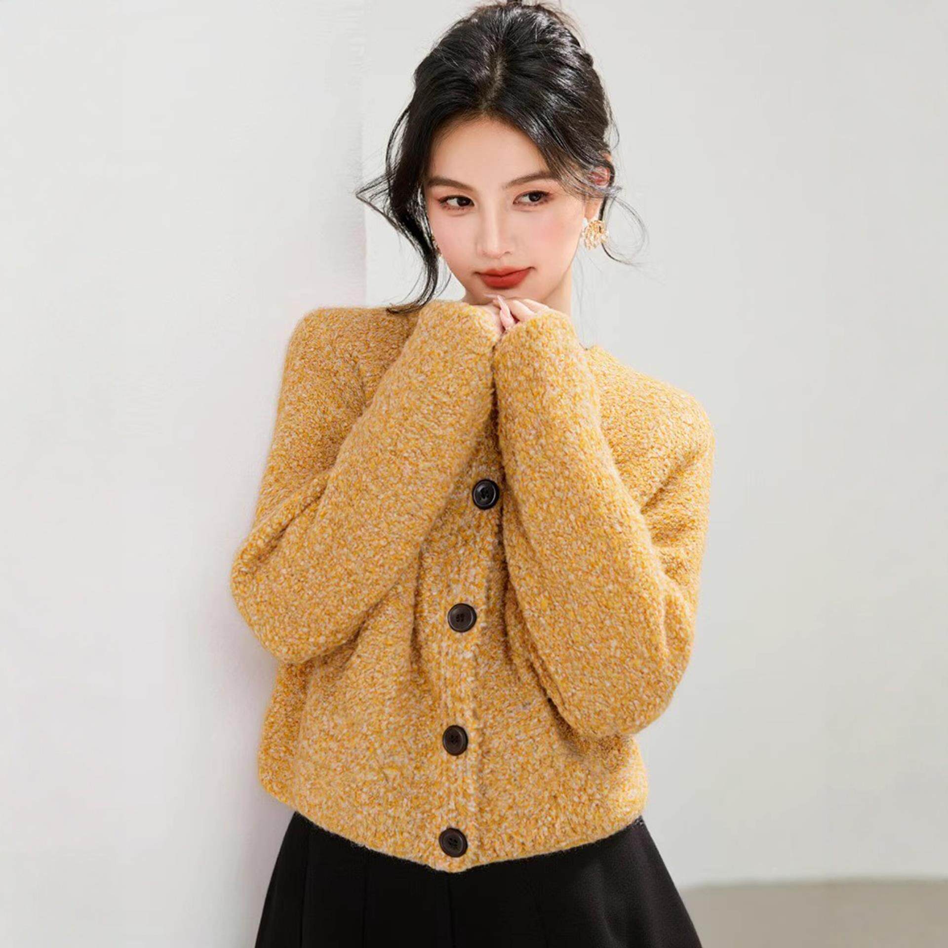 JOYIASS高级感慵懒黄色针织开衫毛衣外套女秋冬巨好看的独特漂亮