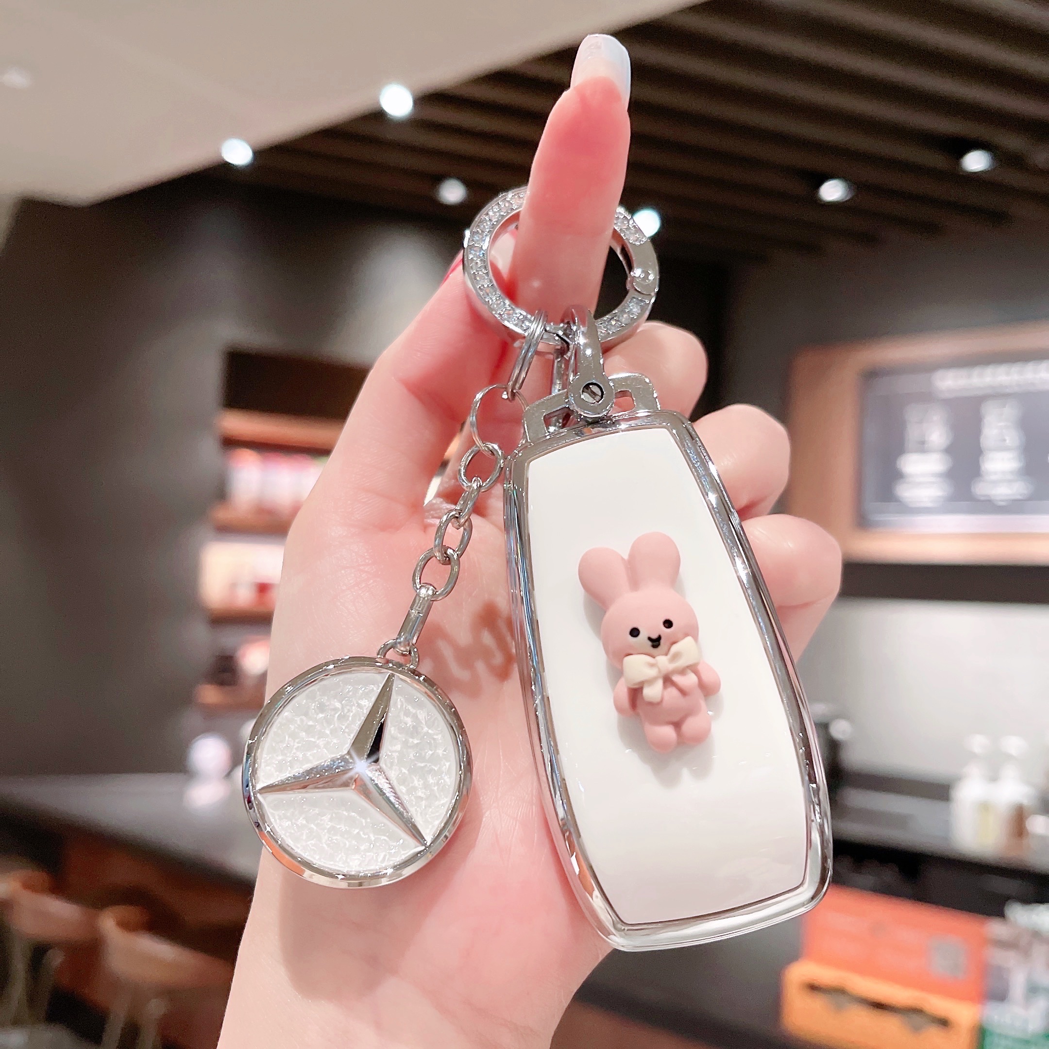 专用2022新款奔驰GLE530/AMG53/E300L车钥匙套牛皮白色钥匙扣套装