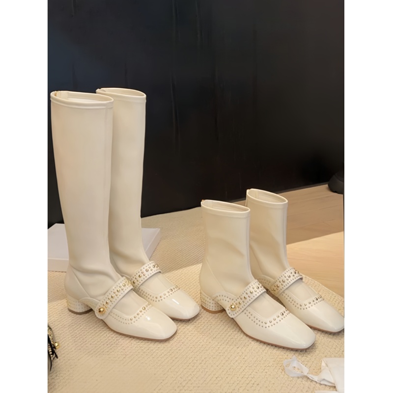 小香风粗跟方头铆钉弹力瘦瘦长靴