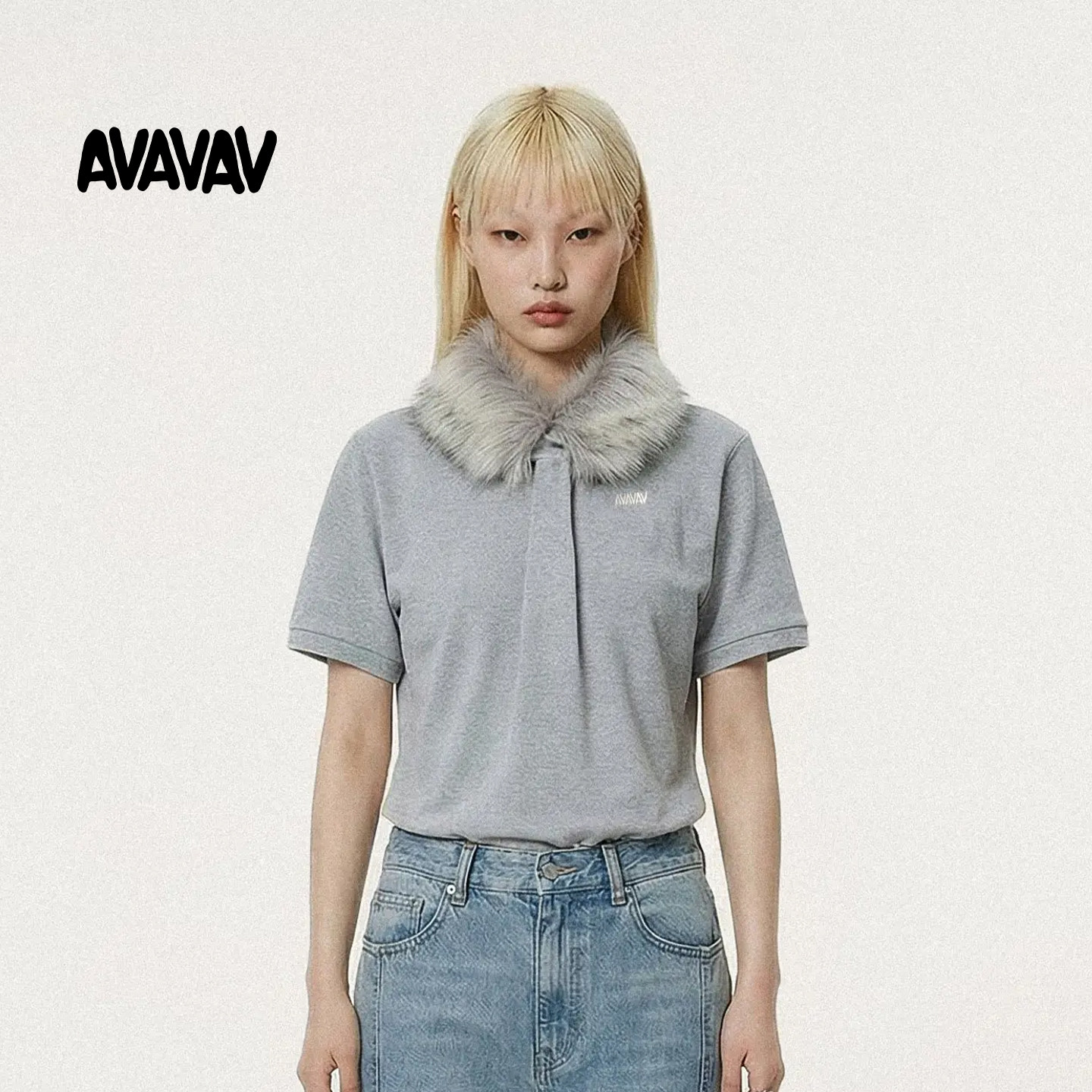 【先锋亚文化】AVAVAV 26SS 可拆卸灰色毛领设计感修身Polo短袖