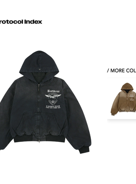 protocol index 25FW 街头复古做旧可拆卸毛领连帽工装夹克外套