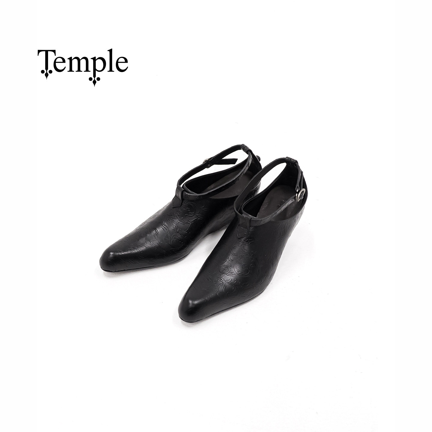 TEMPLE复古压花牛皮尖头高跟鞋