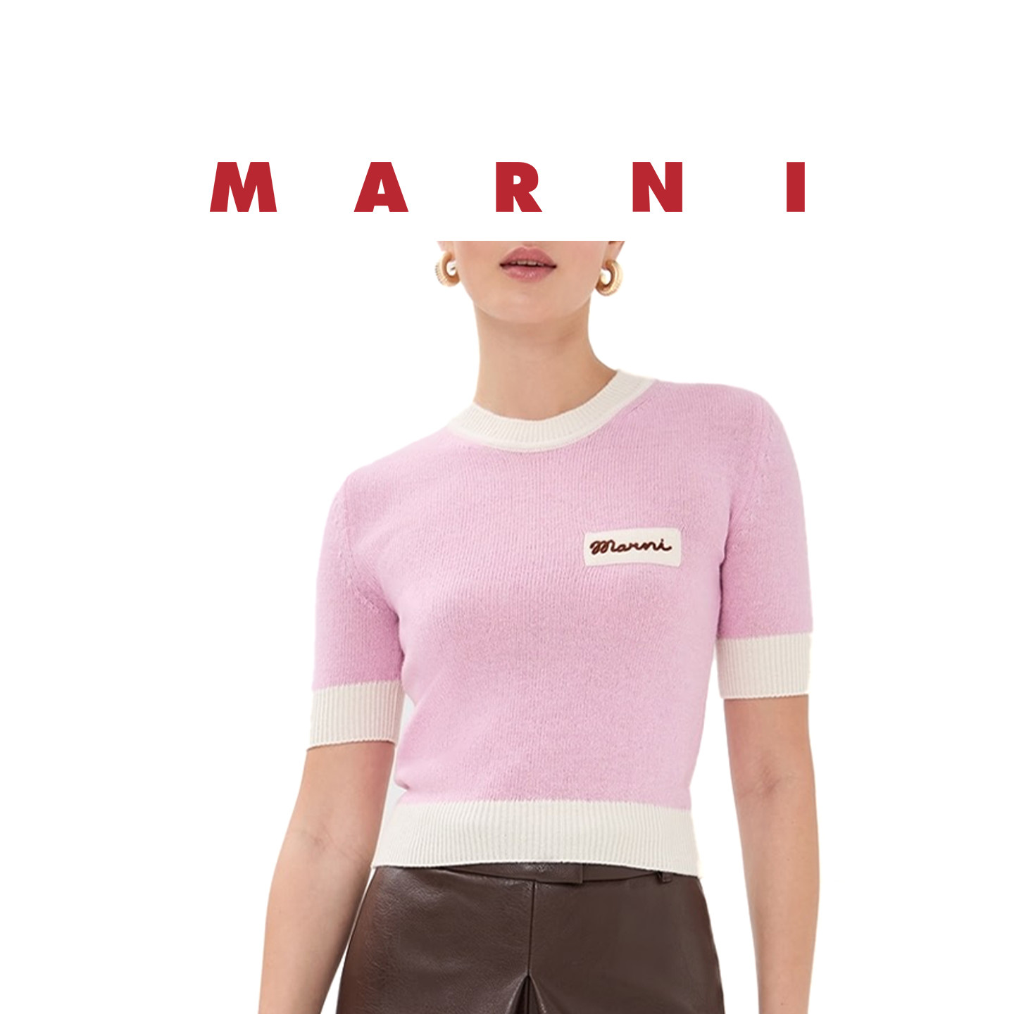 【授权正品】MARNI  女士复古粉白撞色绵羊毛短袖毛衣针织衫