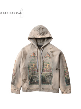 WHO DECIDES WAR 25FW 高街复古渐变褪色做旧拉链连帽卫衣