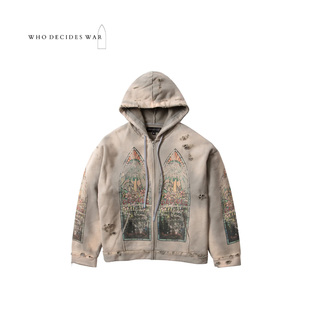 25FW WAR 高街复古渐变褪色做旧拉链连帽卫衣 DECIDES WHO