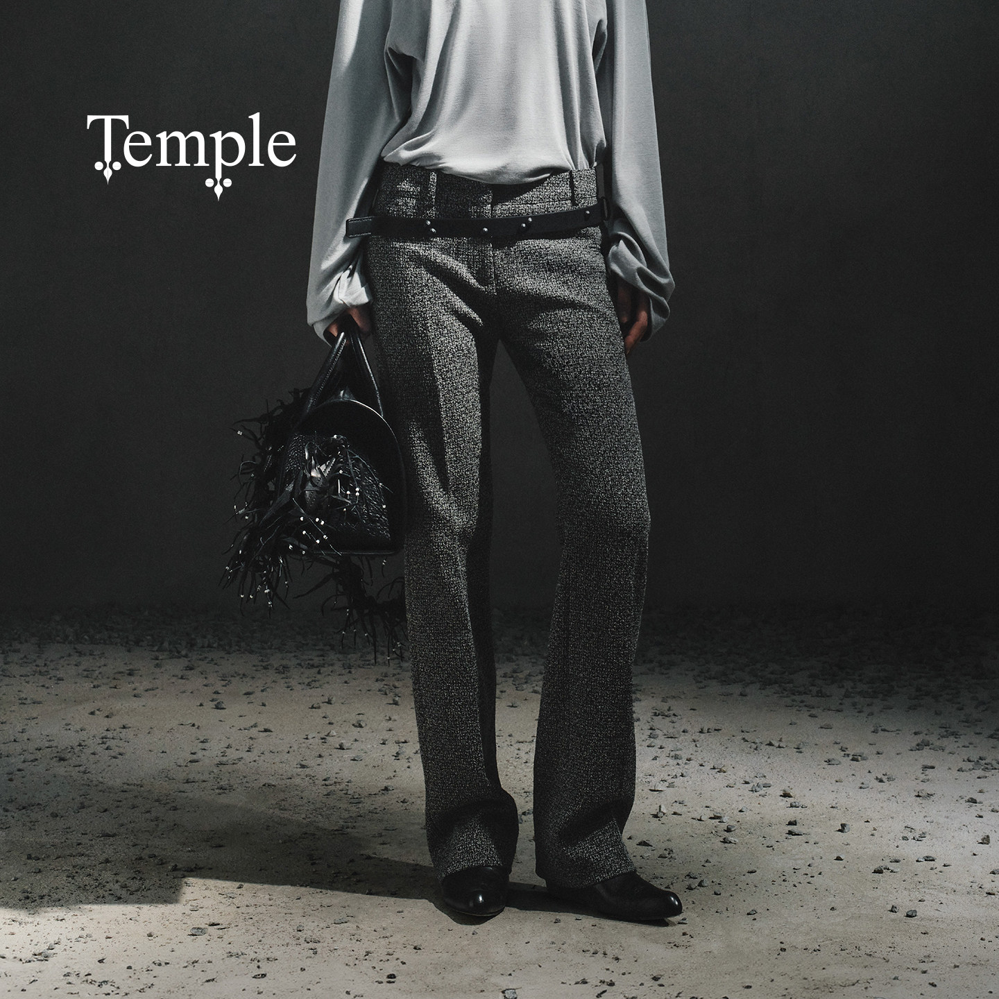 TEMPLE压褶中缝垂感微喇西裤长裤