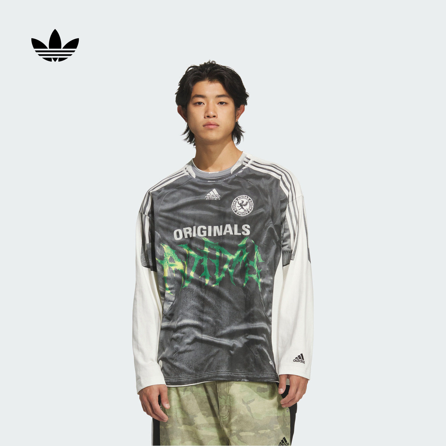 【秀场同款】假两件纯棉印花长袖T恤春夏adidas阿迪达斯三叶草
