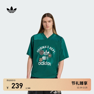 新款 球衣男夏季 adidas阿迪达斯三叶草 校园风V领短袖 复古印花美式