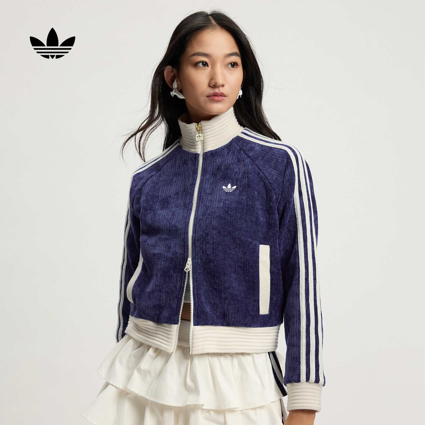 宽松复古撞色双拉链立领外套女adidas Originals阿迪达斯三叶草,运动服/休闲服装,运动茄克/外套,淘宝优惠券,粉丝福利购,淘宝优惠卷