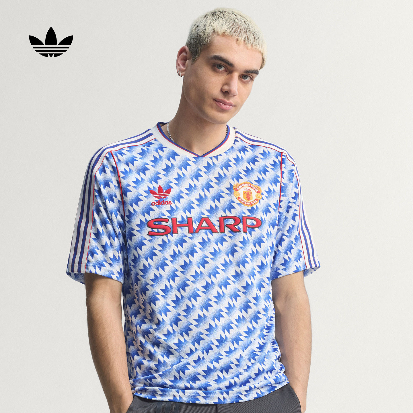 曼联1991/92复古足球休闲文化V领短袖球衣男新款adidas阿迪达斯
