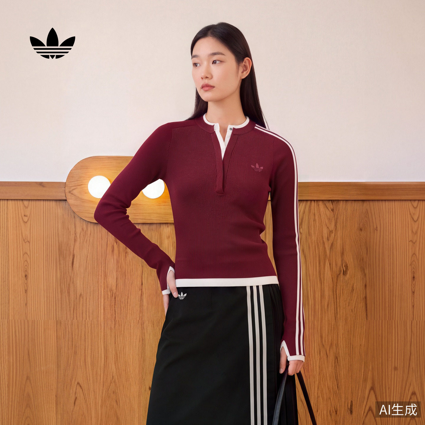 优雅修身显瘦假两件内搭针织衫毛衣女秋季adidas阿迪达斯三叶草