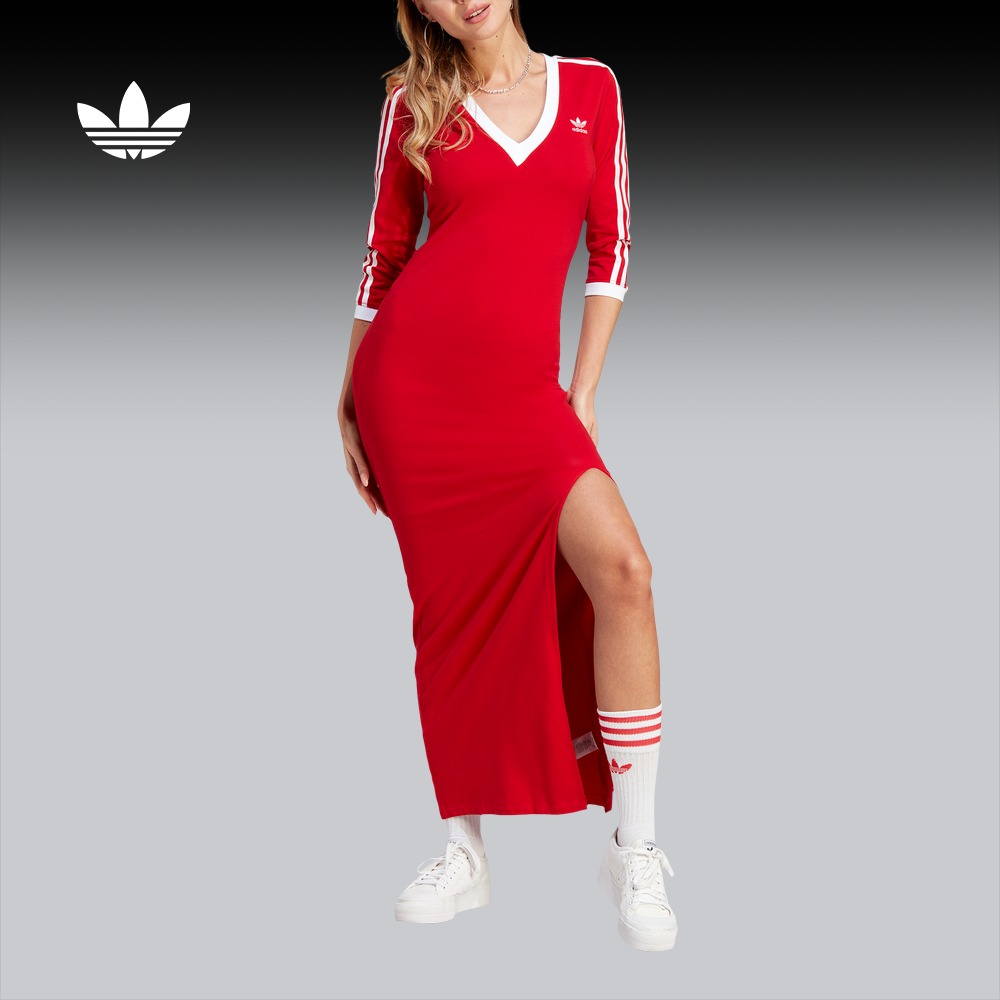 adidas Originals阿迪达斯三叶草女侧开叉长款运动V领中袖连衣裙