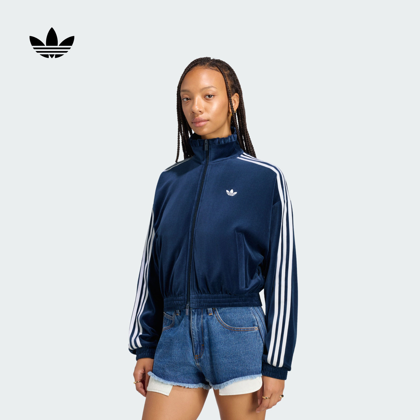 三条纹宽松漏斗领丝绒运动外套长袖上衣女adidas阿迪达斯三叶草