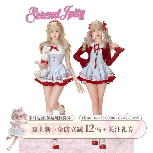 少女椰子【甜品系】樱桃丸子 春季蓝色格纹连衣裙女+白色泡泡短裤