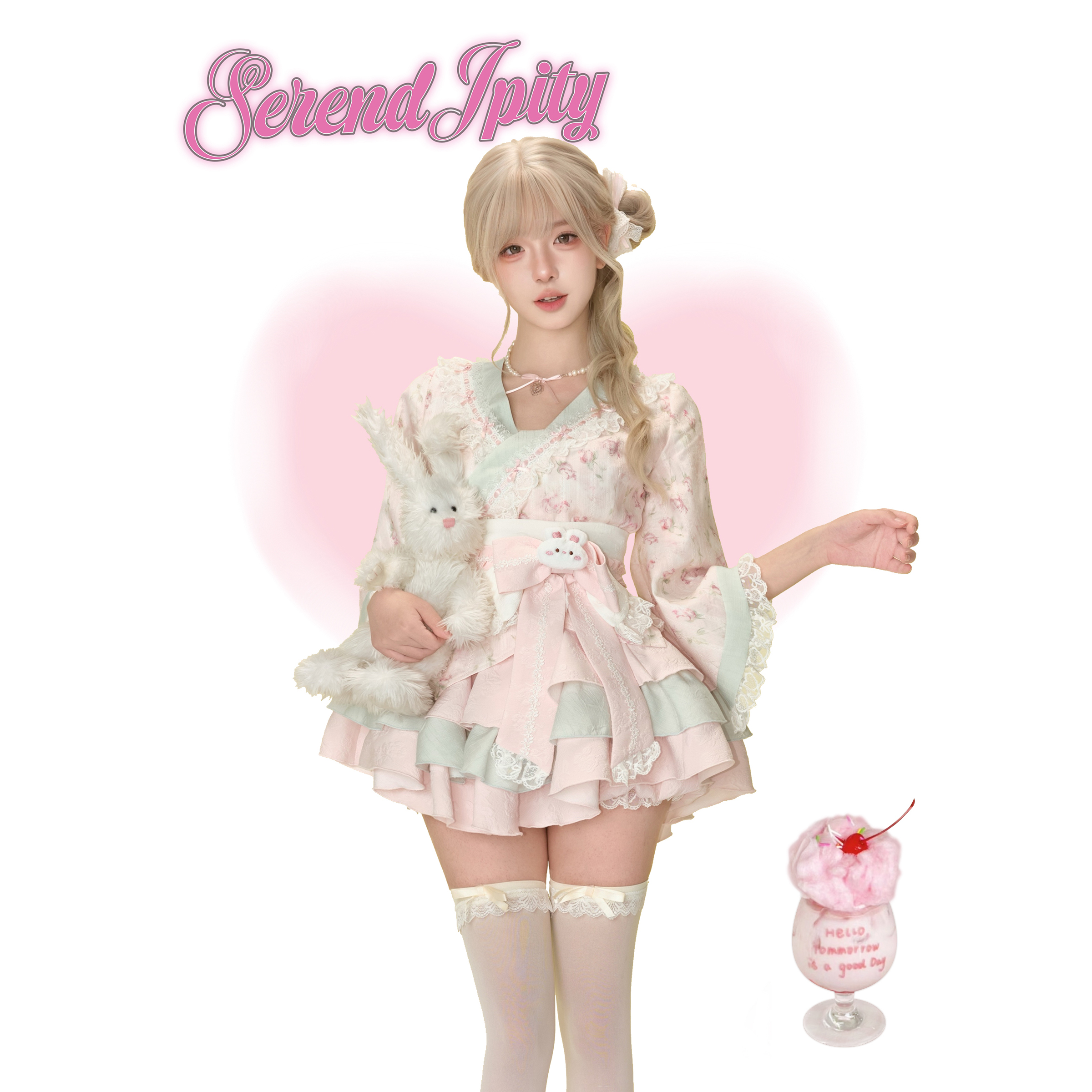 少女椰子漫感系 粉梦樱花 粉色印花上衣+粉绿蛋糕裙+腰封送蝴蝶结