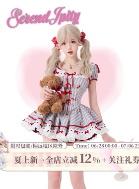 少女椰子【日常系】樱桃糖霜 夏季蓝色格纹连衣裙+红色泡泡裤裙女