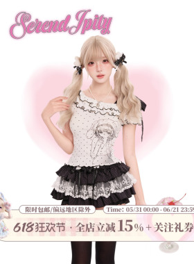少女椰子【漫感系】波点次元 白色波点印花上衣+黑色波点蛋糕裙女