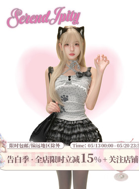 少女椰子【宅萌系】鱼骨喵喵 夏季灰色波点吊带+深灰格纹蛋糕裙女