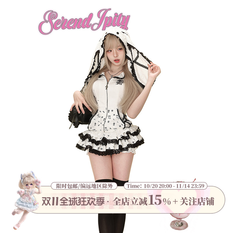 少女椰子【漫感系】坏兔玩偶 白色印花短袖外套+黑白印花蛋糕裙