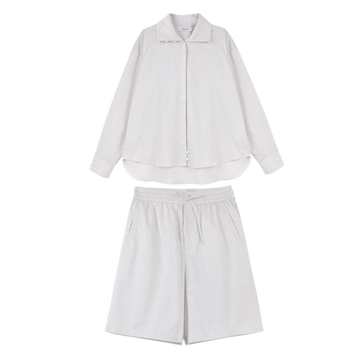 FREO3N2024夏季新款简约条纹衬衫休闲宽松显瘦系绳短裤套装通勤