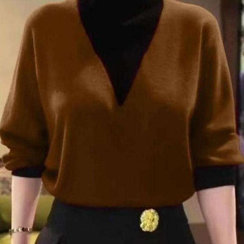 中年妈妈秋冬季百搭假两件德绒衫半高领撞色衬衫打底衫女新款打底