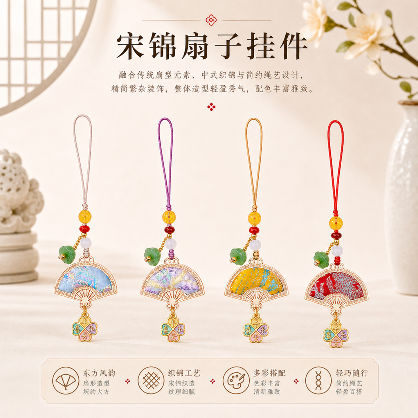 新中式宋锦流苏小扇子挂件古风雅致随身挂饰汉服包包钥匙国风吊坠