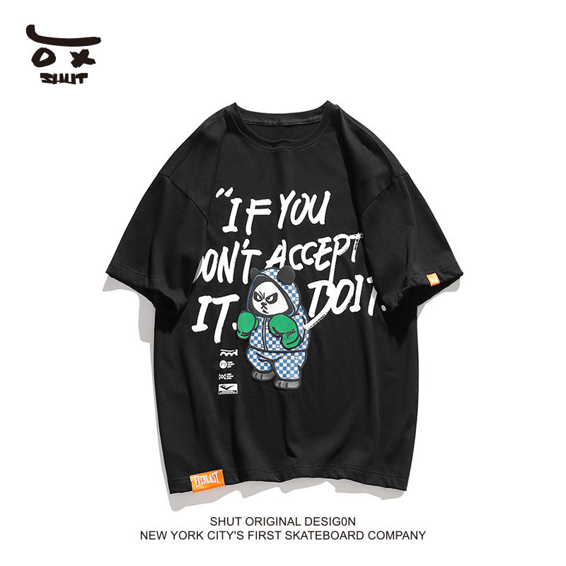 shut拳手熊猫字母印花衣服夏季新款潮牌宽松休闲短袖t恤男女同款