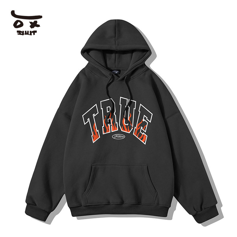 shut火焰燃烧经典字母印花衣服春秋季潮牌休闲连帽卫衣男女情侣款