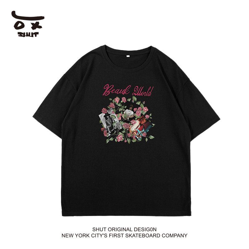 shut鲜花照片字母印花衣服夏季新款潮牌宽松休闲短袖t恤男女同款