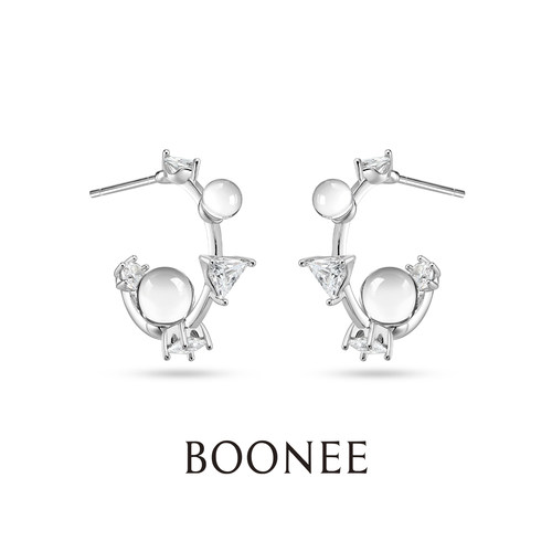 BOONEE几何锆石错落透珠C圈耳环