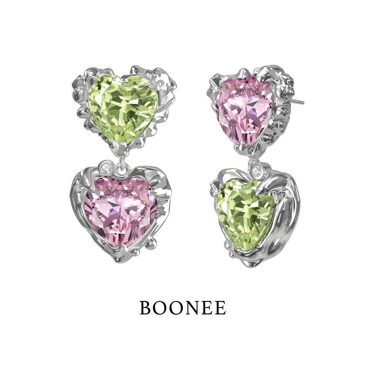 BOONEE彩色桃心锆石耳环