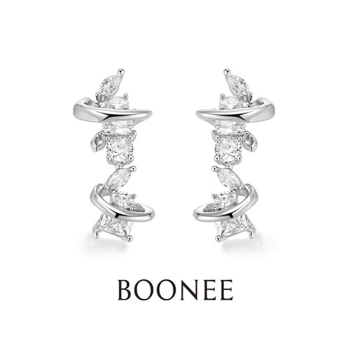 BOONEE奶油卷环绕异形锆石耳钉金属线条设计感耳环独特小众耳饰女