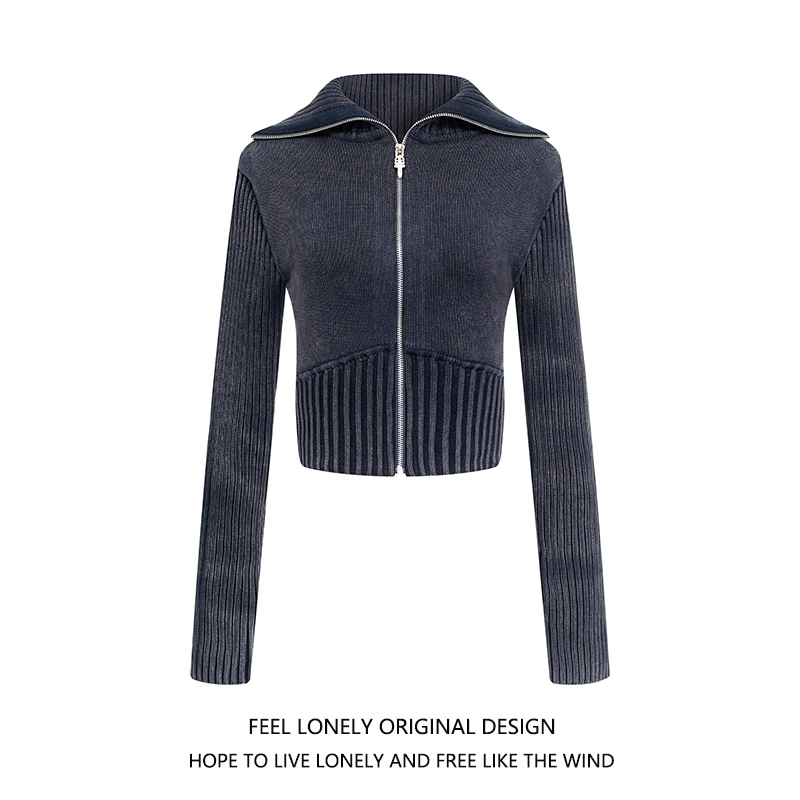 街头水洗做旧朋克翻领针织毛衣