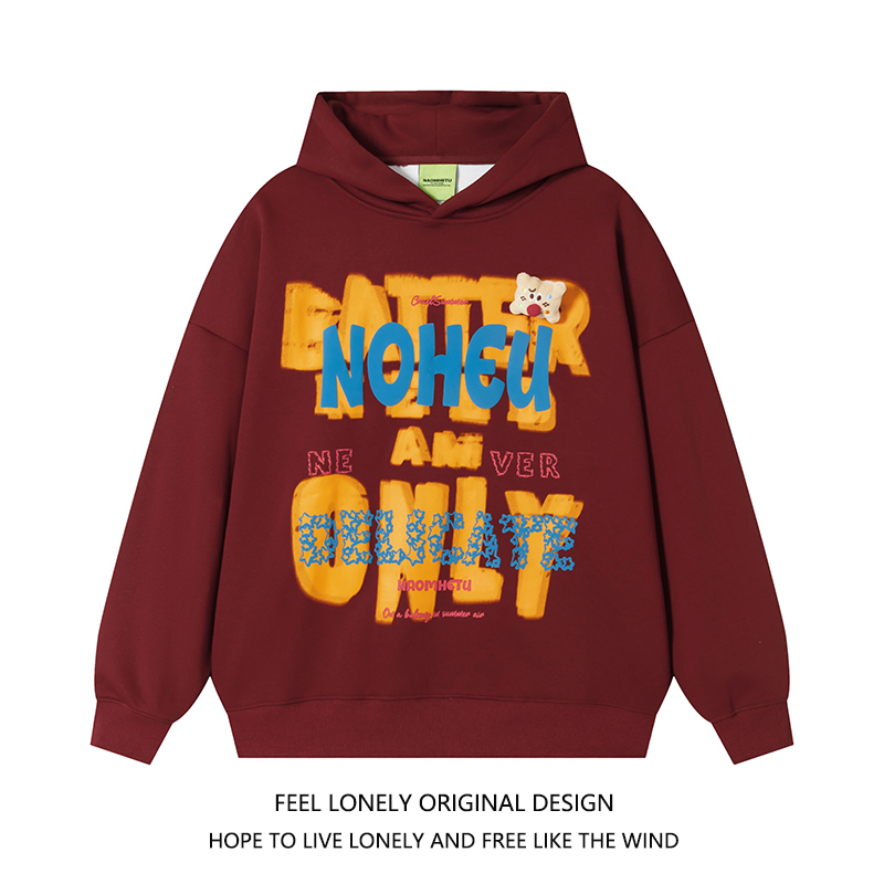 美式复古字母加绒连帽卫衣