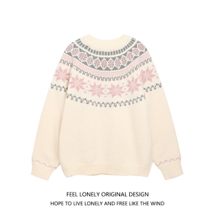 上衣 复古费尔岛提花圆领毛衣女秋冬宽松慵懒风针织衫 Feel lonely
