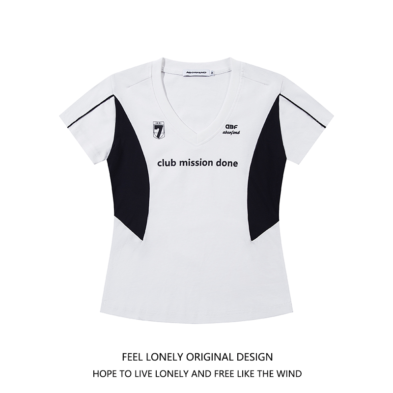 美式复古辣妹字母V领速干短袖T恤