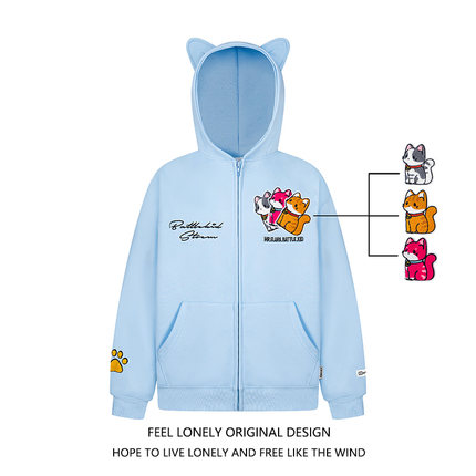 Feel lonely 美式刺绣小猫魔术贴连帽卫衣女秋冬宽松慵懒上衣外套