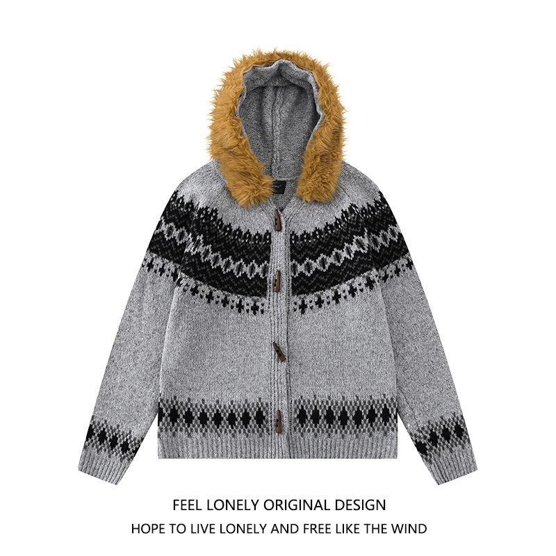 费尔岛撞色可拆卸毛领针织毛衣