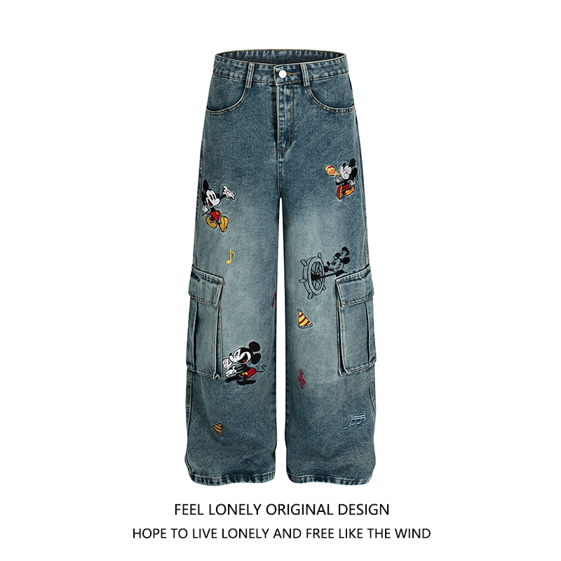 美式复古卡通刺绣米奇工装牛仔裤