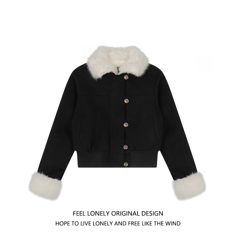 Feel lonely 美式复古毛领翻领棉服女冬季设计感保暖短款修身外套