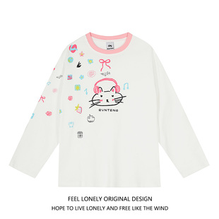 lonely甜美可爱涂鸦耳机小猫撞色长袖 Feel t恤女宽松韩系休闲上衣