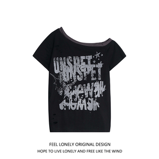 辣妹显瘦上衣 Feel lonely 甜酷y2k朋克涂鸦破洞斜肩短袖 T恤女夏季
