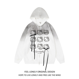 Feel 寬松 暈染手繪卡通kitty貓蝴蝶結連帽拉鏈外套女秋季 lonely
